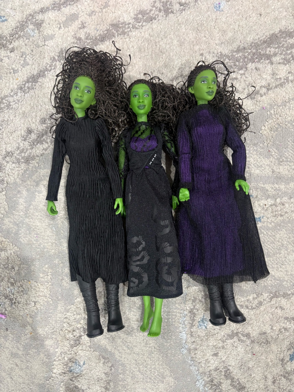 Green Witch Dolls with Black and Purple Dresses